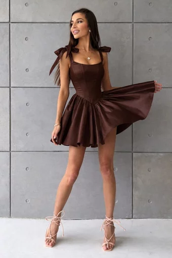 Rochie Eleganta ,de Ocazie, in Bretele Fundite, cu Corset Ajustabil , Dorris, Maro Inchis 