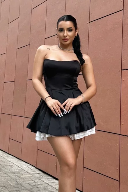 Rochie Eleganta din Satin, cu Dublura Alba si Fusta Pantalon, Fara Maneci, Baby, Neagra