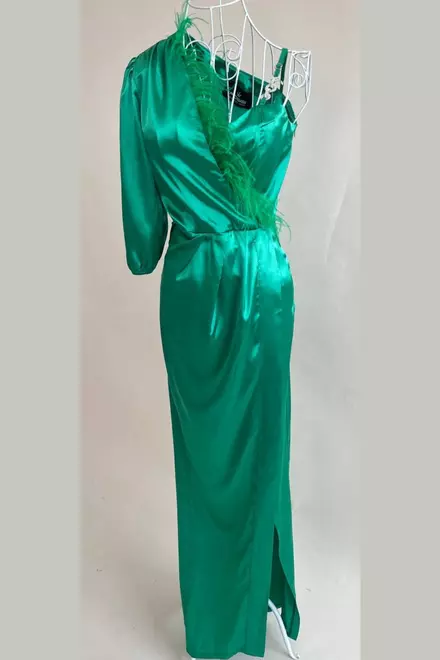 Rochie Eleganta din Satin, cu o Maneca Lunga si Accesorizata cu Fulgi, Solitaire, Verde