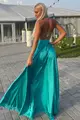 Rochie Eleganta din Satin, Prinsa Dupa Gat si  Accesorizata cu Flori 3D, Odette, Turcoaz