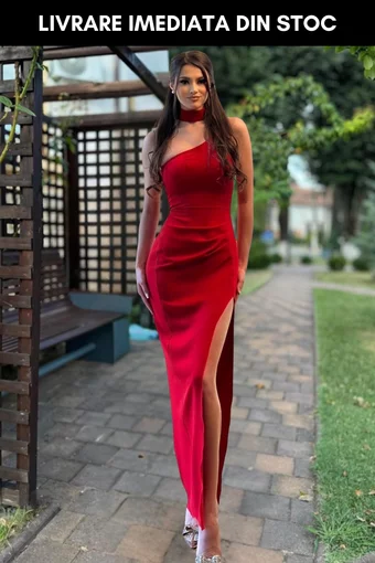 Rochie Eleganta, Fara Maneci, cu Prindere dupa Gat si Crapata pe Picior, Dandelyons, Rosie