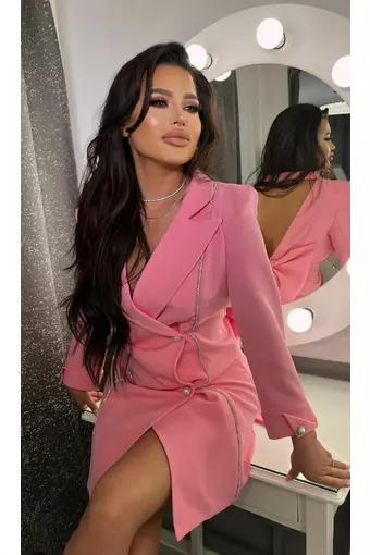 Rochie Eleganta Tip Sacou, cu Inchidere Nasturi si Funda Maxi la Spate, Maripossa, Roz Pudra