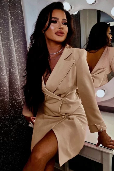 Rochie Eleganta Tip Sacou, cu Inchidere Nasturi si Funda Maxi la Spate, Search, Cappucino