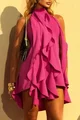 Rochie Lejera de Dama, din Tesatura Tip In, cu Prindere dupa Gat si Spate Gol, Zelennys, Fuchsia
