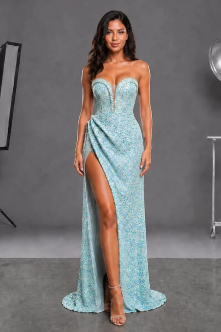 Rochie Lunga de Dama,cu Decolteu si Crapatura pe Picior, din Paiete, Elysia, Albastra
