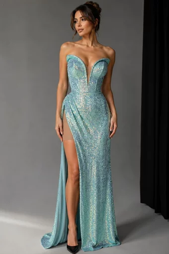 Rochie Lunga de Dama,cu Decolteu si Crapatura pe Picior, din Paiete, Elysia, Albastra