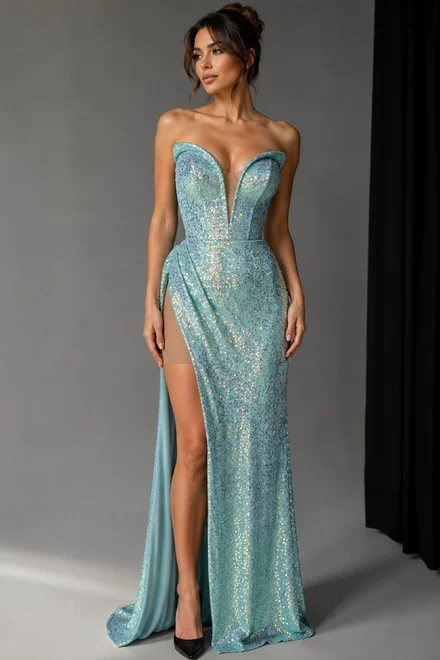 Rochie Lunga de Dama,cu Decolteu si Crapatura pe Picior, din Paiete, Elysia, Albastra