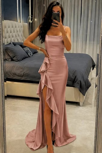 Rochie Lunga de Dama, cu Inchidere Fermoar si Decupaj pe Picior, din Satin, Bej