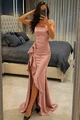 Rochie Lunga de Dama, cu Inchidere Fermoar si Decupaj pe Picior, din Satin, Bej