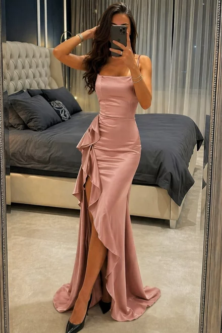 Rochie Lunga de Dama, cu Inchidere Fermoar si Decupaj pe Picior, din Satin, Bej