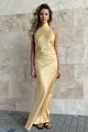 Rochie Lunga de Dama, cu Spate Gol si Prindere Cordon dupa Gat, Royalle, Aurie