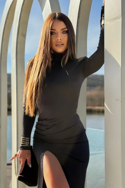 Rochie Lunga de Dama , Decupata pe Picior cu Maneci Lungi , din Lycra , Sereyla , Neagra