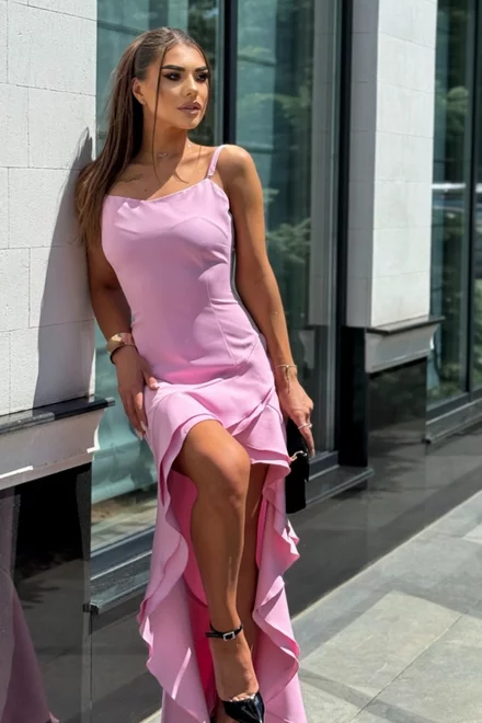 Rochie Lunga de Dama , din Bistrech, Accesorizata cu Volane, in  Bretele Subtiri, Lenora, Roz
