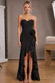 Rochie Lunga de Dama, din Bistrech, Fara Maneci, cu Corset Reglabil si Accesiruizata cu Floare, Yurveda, Neagra