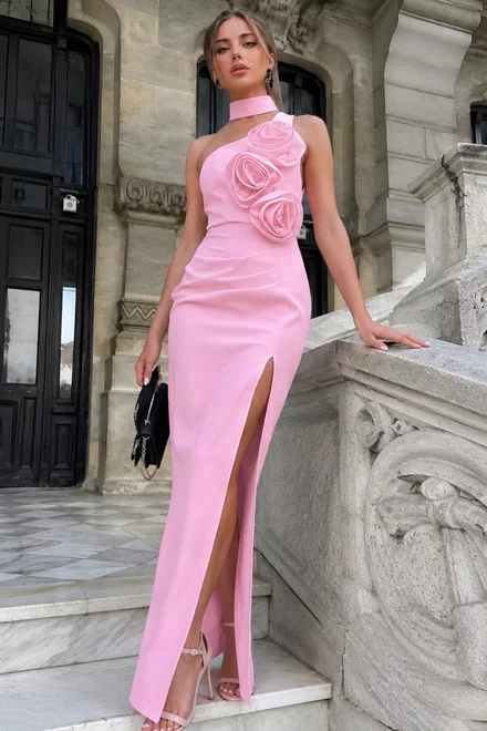 Rochie Lunga de Dama, din Bistrech, Fara Maneci si Accesorizata cu Trandafiri pe Bust, Kalimeea, Roz