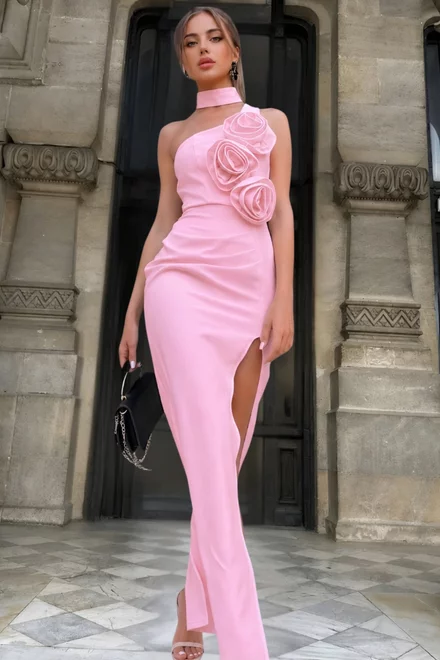 Rochie Lunga de Dama, din Bistrech, Fara Maneci si Accesorizata cu Trandafiri pe Bust, Kalimeea, Roz