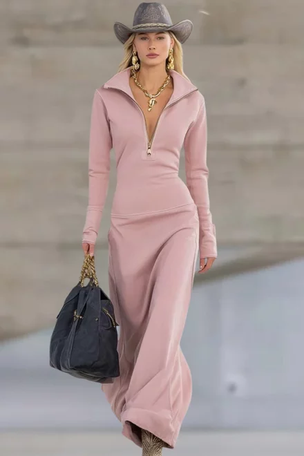 Rochie Lunga de Dama, din Bumbac, Tip Hanorac, cu Maneci Lungi, Kalliope, Roz Pudra