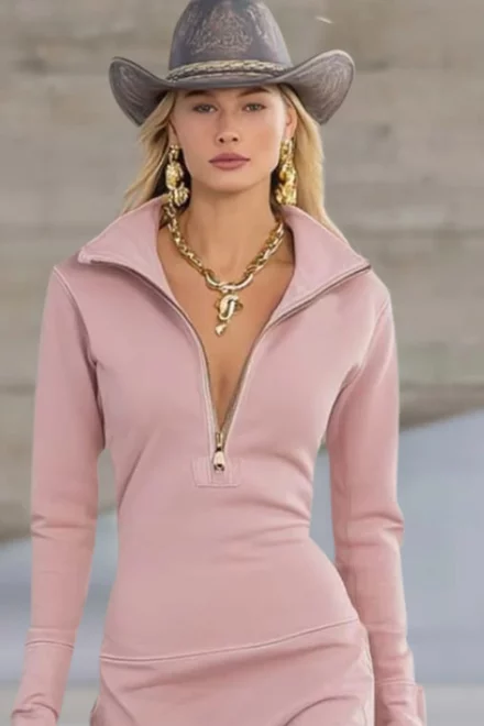 Rochie Lunga de Dama, din Bumbac, Tip Hanorac, cu Maneci Lungi, Kalliope, Roz Pudra