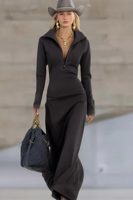 Rochie Lunga de Dama, din Bumbac, Tip Hanorac, Xenna, Neagra