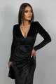 Rochie Lunga de Dama, din Catifea cu Glitter si Petrecuta pe Sold, Marusya, Neagra