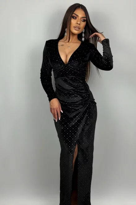 Rochie Lunga de Dama, din Catifea cu Glitter si Petrecuta pe Sold, Marusya, Neagra