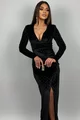 Rochie Lunga de Dama, din Catifea cu Glitter si Petrecuta pe Sold, Marusya, Neagra