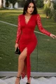 Rochie Lunga de Dama, din Dantela, cu Maneci Lungi și Decolteu, Velmirra, Rosu