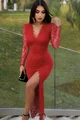 Rochie Lunga de Dama, din Dantela, cu Maneci Lungi și Decolteu, Velmirra, Rosu