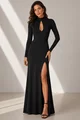 Rochie Lunga de Dama, din Lycra, cu Crapatura pe Picior si Maneci Lungi, Ravenna, Negru