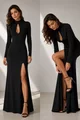 Rochie Lunga de Dama, din Lycra, cu Crapatura pe Picior si Maneci Lungi, Ravenna, Negru
