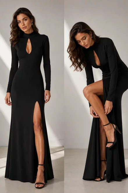 Rochie Lunga de Dama, din Lycra, cu Crapatura pe Picior si Maneci Lungi, Ravenna, Negru