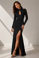 Rochie Lunga de Dama, din Lycra, cu Crapatura pe Picior si Maneci Lungi, Ravenna, Negru