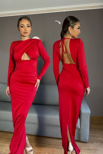 Rochie Lunga de Dama, din Lycra, cu Decupaj pe Bust, Guzell, Rosie