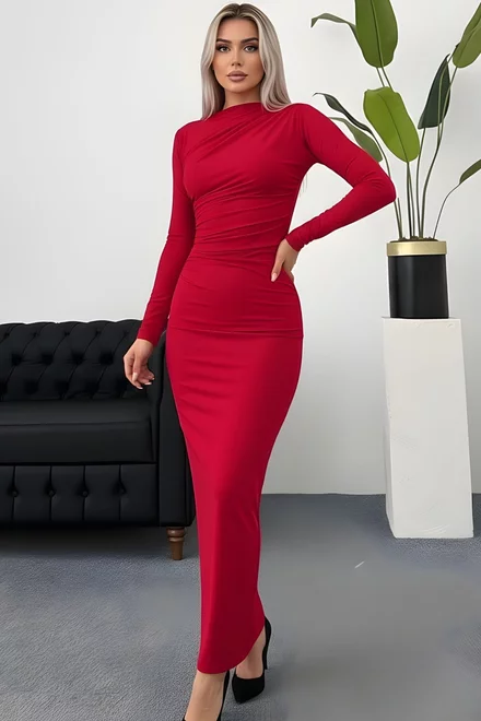 Rochie Lunga de Dama, din Lycra, cu Inchidere Fermoar, Magnificent, Rosie 