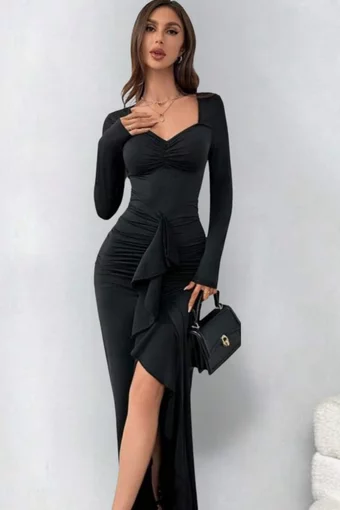 Rochie Lunga de Dama, din Lycra, cu Maneci Lungi , cu Volane Decorative  ,Crapata pe Picior  ,Derya, Neagra