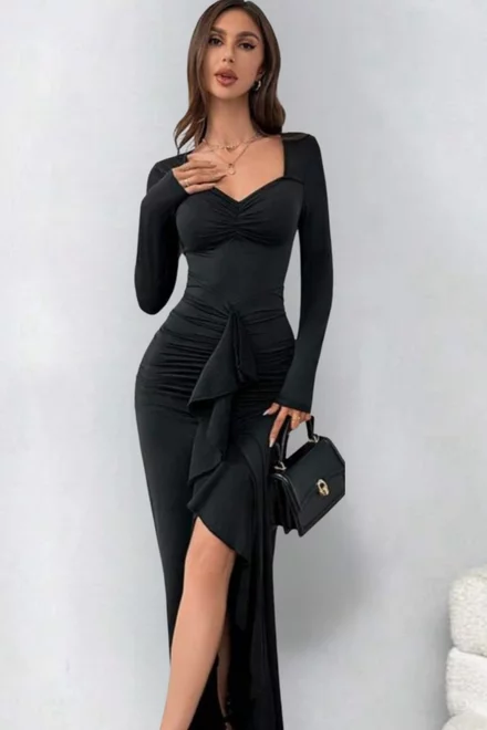 Rochie Lunga de Dama, din Lycra, cu Maneci Lungi , cu Volane Decorative  ,Crapata pe Picior  ,Derya, Neagra