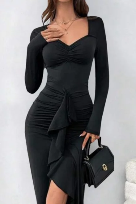 Rochie Lunga de Dama, din Lycra, cu Maneci Lungi , cu Volane Decorative  ,Crapata pe Picior  ,Derya, Neagra