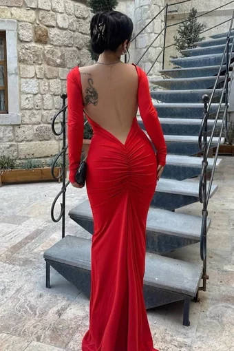 Rochie Lunga de Dama, din Lycra, cu Maneci Lungi si Spate Gol, Rossalinda, Rosie