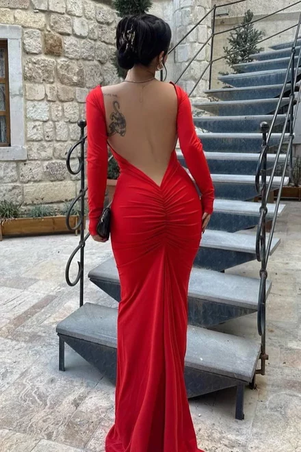 Rochie Lunga de Dama, din Lycra, cu Maneci Lungi si Spate Gol, Rossalinda, Rosie