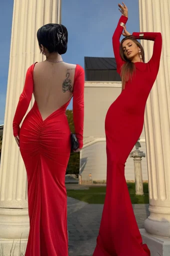 Rochie Lunga de Dama, din Lycra, cu Maneci Lungi si Spate Gol, Rossalinda, Rosie