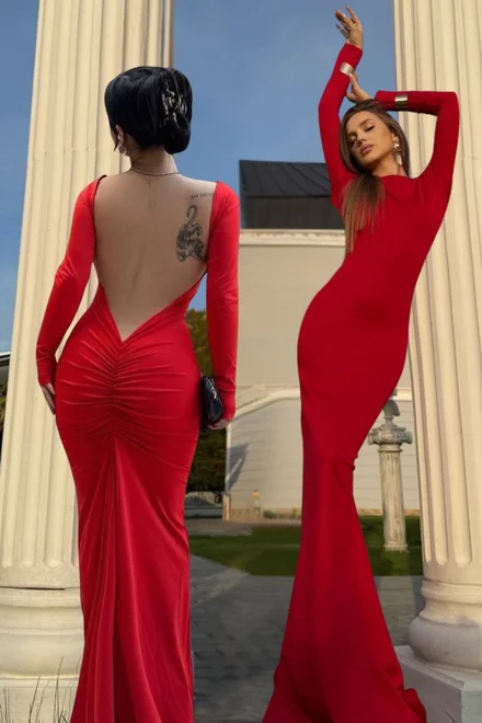 Rochie Lunga de Dama, din Lycra, cu Maneci Lungi si Spate Gol, Rossalinda, Rosie