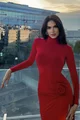 Rochie Lunga de Dama, din Lycra Elastica, Crapata Pe Picior,cu Maneci Lungi, Valentini, Rosie