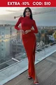 Rochie Lunga de Dama, din Lycra Elastica, Crapata Pe Picior,cu Maneci Lungi, Valentini, Rosie