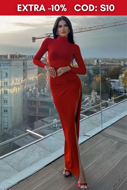 Rochie Lunga de Dama, din Lycra Elastica, Crapata Pe Picior,cu Maneci Lungi, Valentini, Rosie