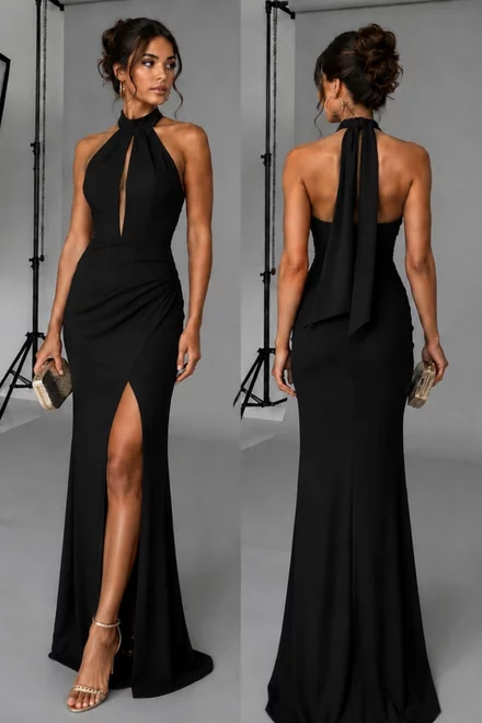 Rochie Lunga de Dama, din Lycra, Fara Maneci, Crapata pe Picior, Andalluse, Neagra