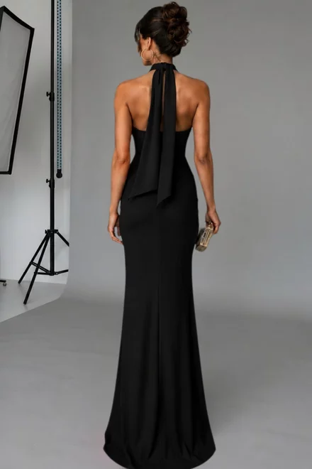 Rochie Lunga de Dama, din Lycra, Fara Maneci, Crapata pe Picior, Andalluse, Neagra