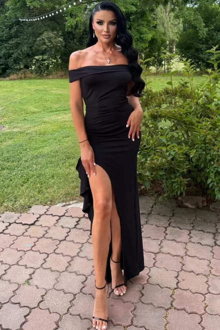 Rochie Lunga de Dama, din Lycra, pe Umeri, Crapata pe Picior, Monroe, Neagra