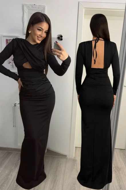 Rochie Lunga de Dama, din Lycra Premium, Decupaj pe Bust si Inchidere Fermoar, Mirrors, Neagra