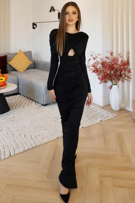 Rochie Lunga de Dama, din Lycra Premium, Decupaj pe Bust si Inchidere Fermoar, Mirrors, Neagra