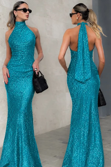 Rochie Lunga de Dama, din Paiete, Tip Sirena, cu Spate Gol, Future, Aqua